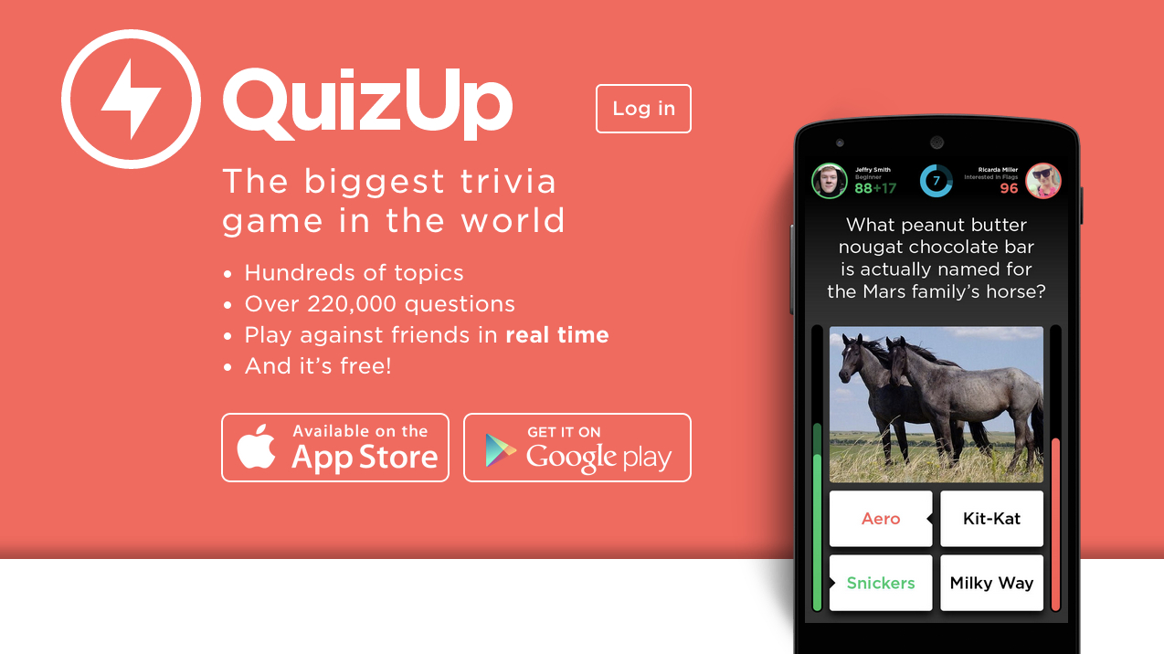 QuizUp promotional screenshot from 2014 showing the app interface and tagline 'The biggest trivia game in the world'